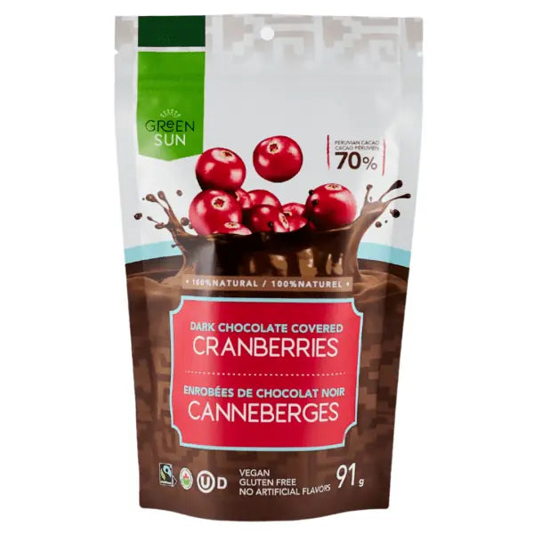 Green Sun Foods - Cranberries dipped in 70% Dark Chocolate (10x91g) (jit) - Pantree Food Service
