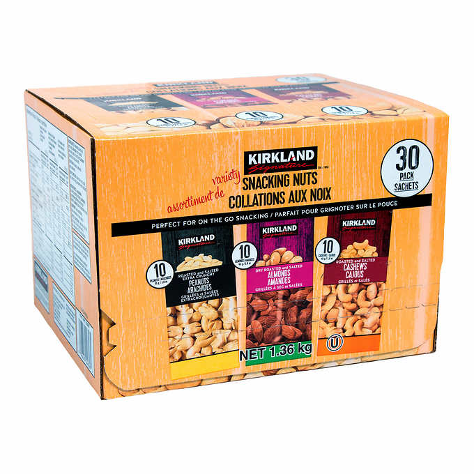 Kirkland Signature Snacking Nuts Variety Pack, 30-count (30 packs (10 Roasted Salted Peanuts, 10 Dry Roasted salted Almonds, 10 Dry Roasted Salted Cashews)) - Pantree Food Service
