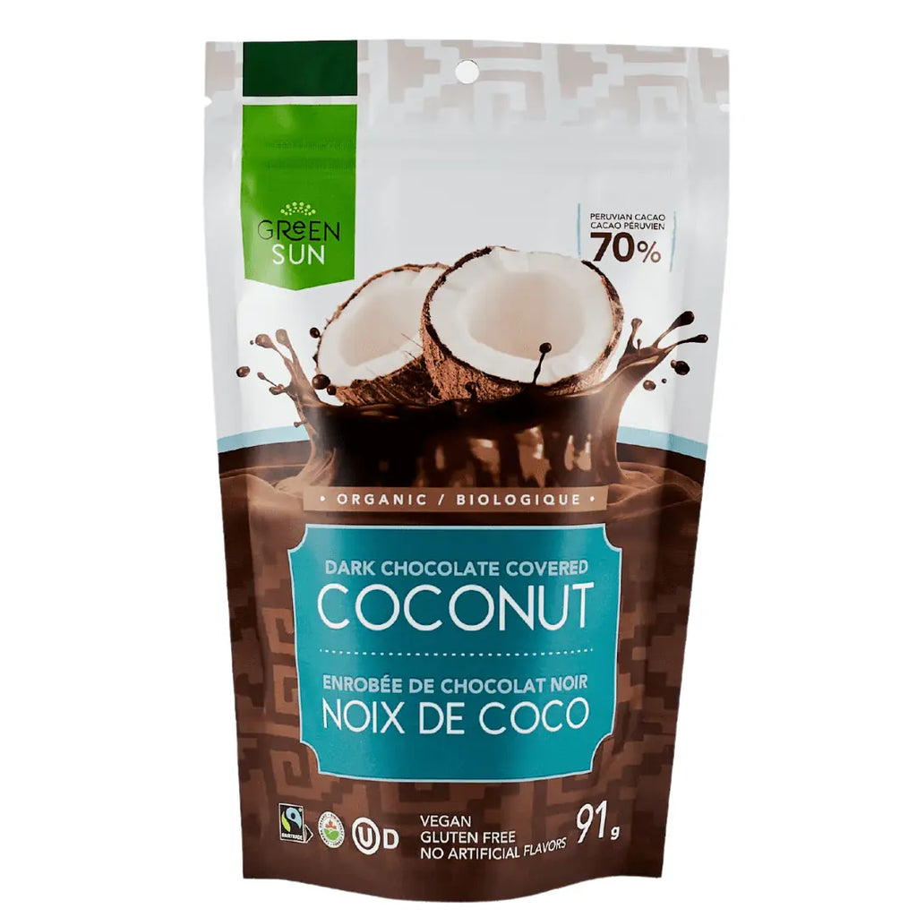 Green Sun Foods - Coconut dipped in 70% Dark Chocolate (10x91g) (jit) - Pantree Food Service