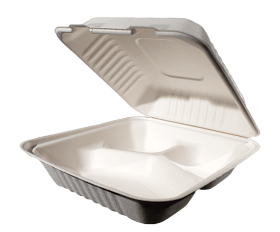 Bagasse 8"x8"x3" - 3 Compartments (200 Per Carton)(JIT) - Pantree Food Service