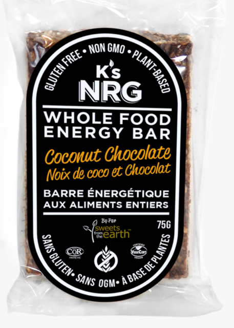 Sweets from the Earth K's NRG Bars Coconut Chocolate - 4 Month Shelf Life (Non-GMO, Gluten Free, Kosher, Vegan, Toronto Company) (12-60 g (Individually Wrapped)) (jit) - Pantree Food Service