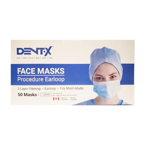 Dent-x 3-Ply Medical Face Mask w/ Earloop - ASTM Level 3, BFE> 99.88% (What Dentists Use) (50 Masks (Made In Canada)) - Pantree Food Service