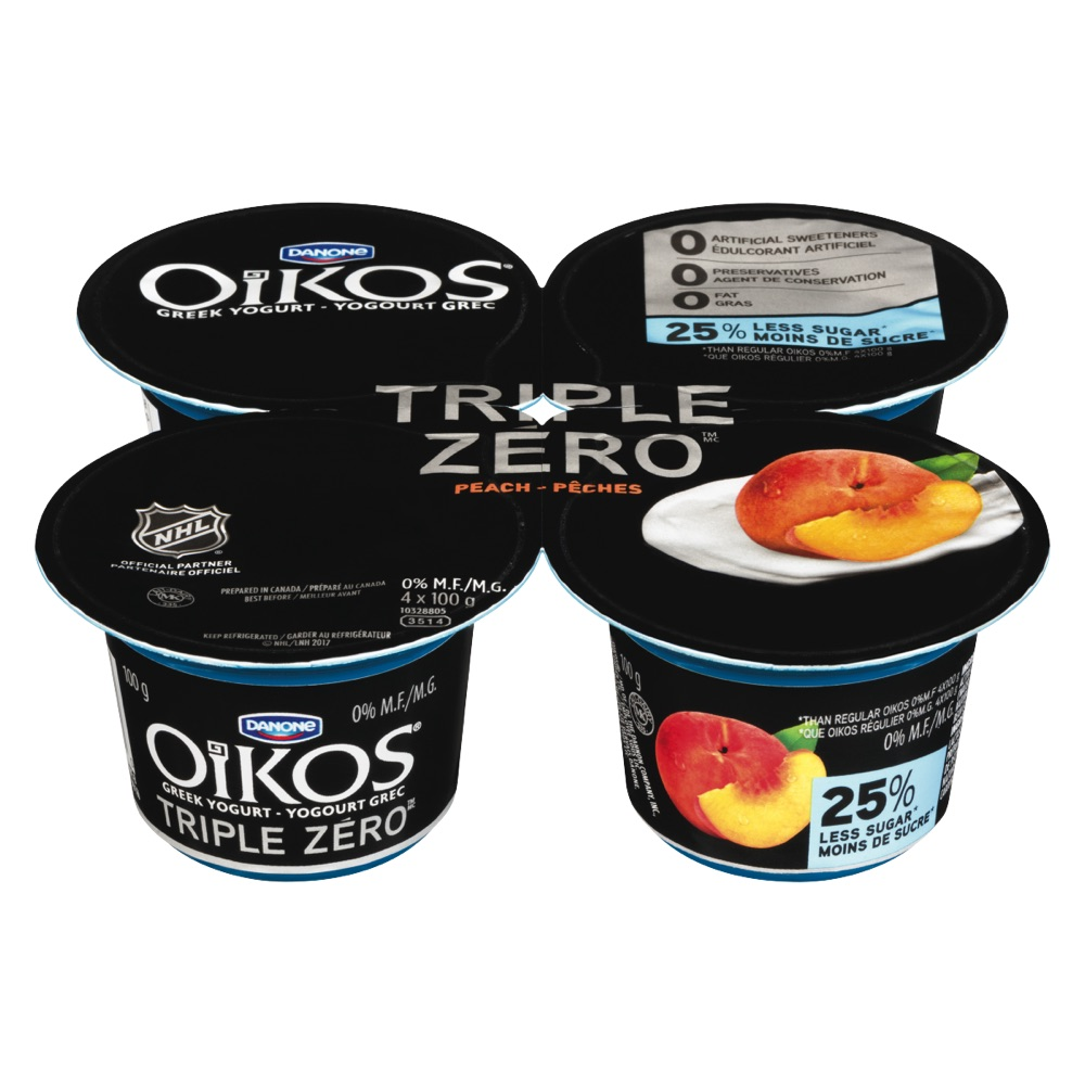 Danone Oikos Triple Zero Peach Greek Yogurt (24 Pack) (6-4 pk (100 g) ) - Pantree Food Service