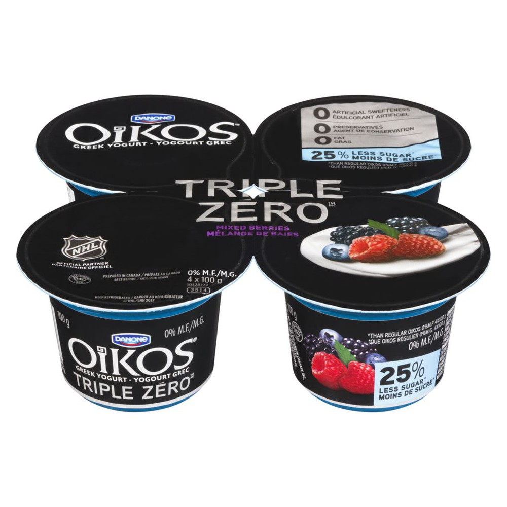 Danone Oikos Triple Zero Mixed Berry Greek Yogurt (24 Pack) ( 6-4 pk (100 g)) - Pantree Food Service